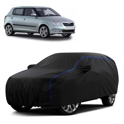 Image of Sulfar 100% Water Resistant Car Body Cover Compatible with Mirror for Skoda Fabia (Triple Stitched, Full Bottom Elastic, Black Tafetta with Blue Piping)