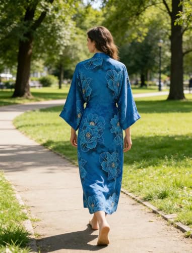 Image of Women's Classic 100% Silk Kimono Robe, Bathrobe-Printed Pattern