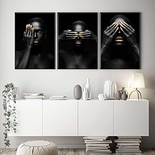 Toile portrait femme noir et or 70x100cm triptyque chic pour salon