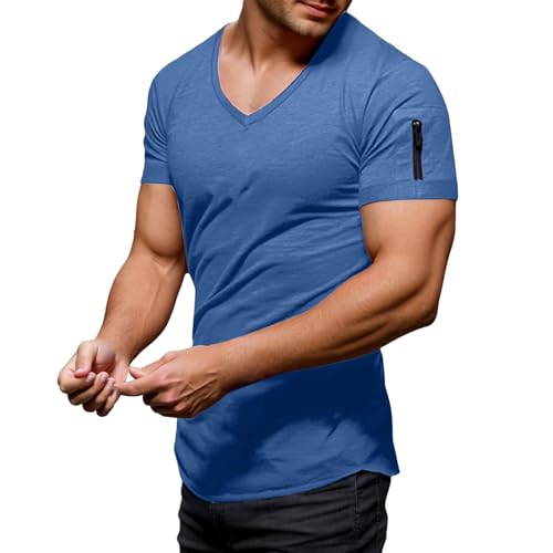 Camisetas para hombre con cuello en V, manga corta, elegante, vintage, informal, cómoda, holgada, elástica, para verano, manga corta para entrenamiento 2025, azul claro, 5XL