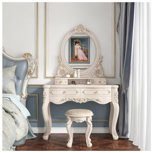 HEBEHO Victorian White Vanity Desk 80cm, Baroque Makeup Table with...