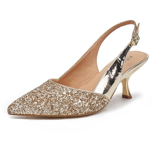 Slingback Kitten Heels for Women Closed Pointed Toe Low Heel Pumps Glitter Sparkly Rhinestone Heels Gold 10 - Main Image