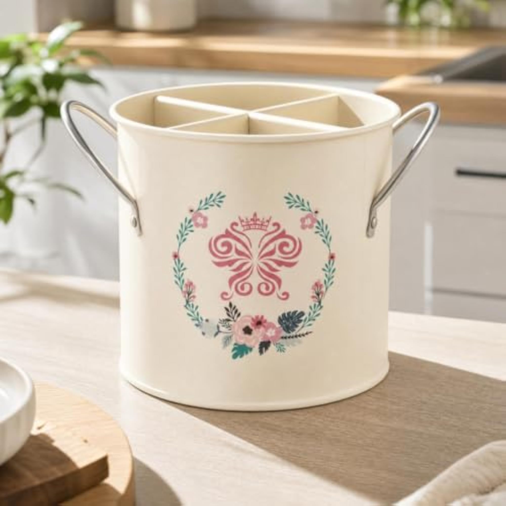 Utensil Holder with Removable Divider, Galvanized Iron Organizer