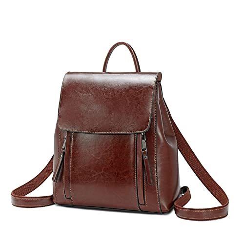 Bolsa Feminina Mochila de Couro Genuíno Cera de Óleo Marrom Escuro