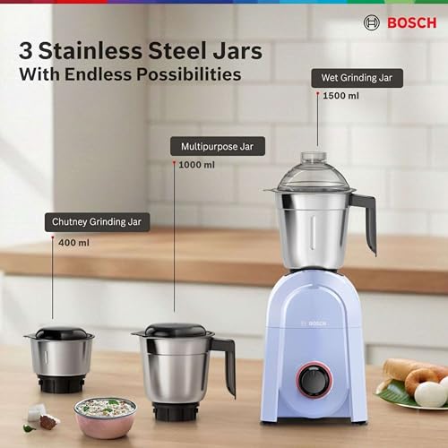 Image of Bosch CosMixx Pro 750W Mixer Grinder | German Engineering for Powerful & Ultra Fine Grinding | 3 Leak Proof Stainless Steel Jars | 22000 RPM Heavy Duty Motor | Overload Protection (MG8413C4SI)