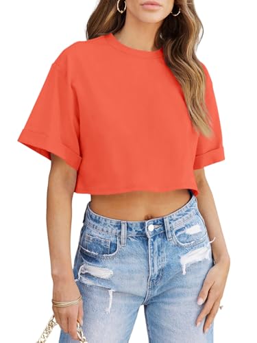 Image of Tankaneo Women Crop T-Shirts Half Sleeve Drop Shoulder Cropped Tops Y2K Casual Summer Basic Tees