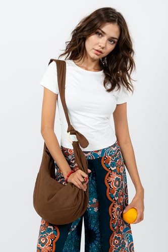 Image of Hobo Crossbody Bag for Women - Handmade Cotton Boho Purse with Wooden Ring | Lightweight Slouchy Shoulder Sling Tote Bag