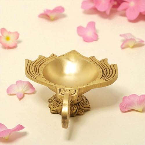 Image of SHANTI 100% Pure Brass Lotus Shape Akahnd Diya /Oil Lamp /Kamal Patta Deepak /Diya for Puja Room (LP3421)