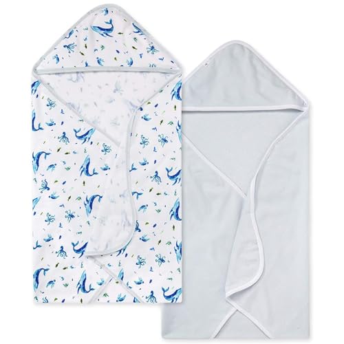 Image of Burts Bees Baby Infant Hooded Towels Whale of a Tale Organic Cotton, Unisex Bath Essentials and Newborn Necessities, Soft Nursery Towel with Hood Set, 2-Pack Size 29 x 29 Inch