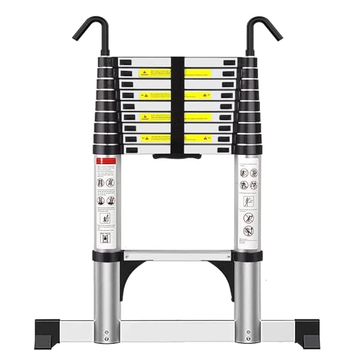 Exleiter Telescoping Ladder 2.9M, Extension Ladder with Hooks and Stabiliser Aluminium Folding Loft Ladder, Adjustable Step, Home Storage, Attic, Maintenance Garden etc, Max Load 150kg/330lb