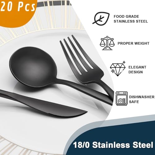 Image of 20 pcs Flatware Set, Black Silverware Set for 5, Knife Fork Spoon, Stainless Steel Home Dinnerware Tableware,Mixed Cutlery Set Eating Utensils for Restaurants (20 Pcs Black)