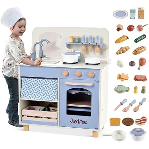Joylike Wooden Kitchen Playset for Kids, Toddler Play Kitchen with 32Pcs Accessories Cutting Food Set, Stove & Water Sink, Pretend Play Toy for Kids Ages 3+ Cover