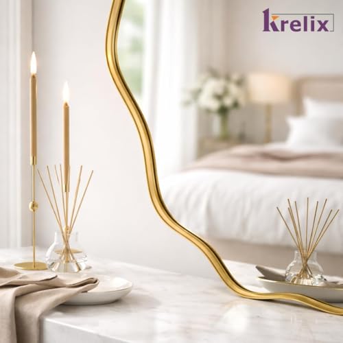 Image of 18 x 18 Inch Gold Irregular Wall Mirror - Modern Asymmetrical Design with Plastic Frame, Decorative Wall Mirror for Living Room, Bathroom, Bedroom & Entryway (Gold, Wave Round)