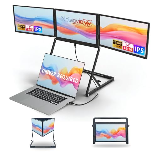 Image of Laptop Triple Screen Extender, 14 inch Freestanding Triple Portable Monitor for Laptop, 1080P FHD IPS, 1 USB-C Connection for 4 Screens, Foldable Triple Screen for Work & Travel