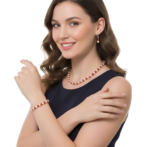 Collar de cristal rojo y perlas con pulsera flexible de talla única ajustable 2