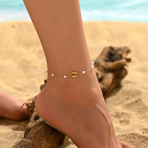 Image of NONAMOIS 18K Gold Plated Diamond Ankle Bracelets for Women Waterproof Gold CZ Pearl Bow Link Chain Anklets Non Tarnish Summer Beach Foot Jewelry Gifts