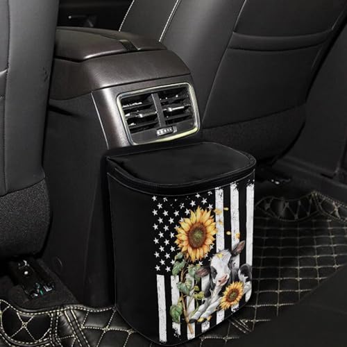 Image of Talayituse American Flag Sunflower Cow Print Car Trash Can with Adjustable Straps, Foldable Car Trash Bag Bin Car Garbage Bag Multipurpose Storage Box for Vehicle Travel Camping Picnicing