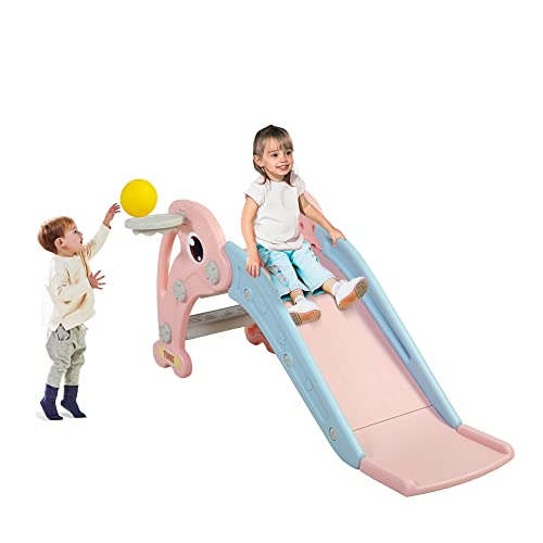TOBBI Kids Slide for Indoor and Outdoor, Freestanding Slide for Toddler Playground Slipping Slide Climber Toy Playset with Basketball Hoop & Ball, Pink