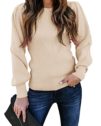 Huiyuzhi Womens Puff Sleeve Pullover Sweaters Crew Neck Soft Slim Fit Solid Color Knitted Jumper
