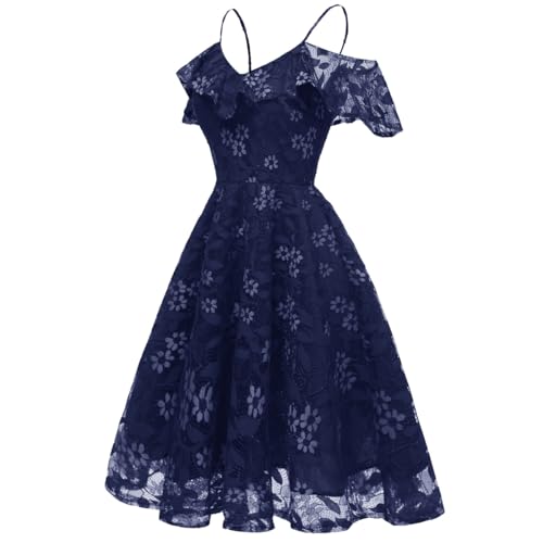 Image of IWEMEK Women Spaghetti Strap Floral Lace Bridesmaid Cocktail Party Dress Cold Shoulder Ruffle Sleeve Wedding Guest Prom Dress