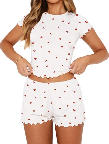 Image of Lacozy Cute Pajamas for Women Set 2 Piece Short Sleeve Pjs Floral Graphic Crop Top Y2K Summer Sleepwear Lounge Set