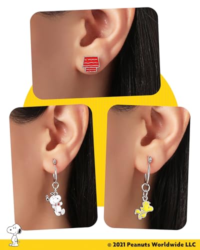 SALLY ROSE Peanuts Woodstock and Snoopy Earrings Pack of 6 Pairs Official License, Enamel-Plated Studs and Hoops with Dangle Charm2
