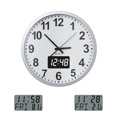 KWANWA Reloj de pared silencioso de metal con semana de temperatura, funciona con pilas, pantalla digital LCD/LED, reloj de pared de cuarzo moderno, para cocina, oficina, 12 pulgadas (LED blanco