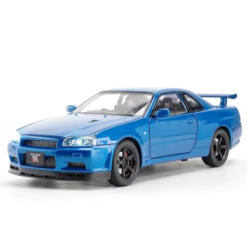 Image of 1:24 Nissan Skyline GT-R R34 Diecast Model Car, Pull Back Toy with Sound & Light, Collectible for Kids & Adults (Blue)