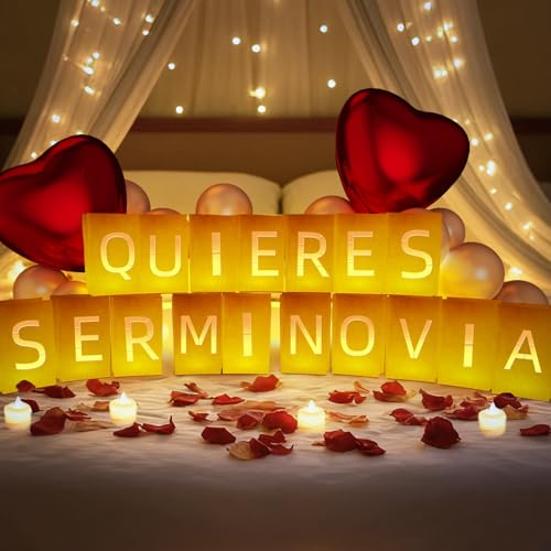 Quieres Ser Mi Novia Light Up Letters Include Light up Letters with Tea Lights Candles Latex Balloons Aluminum Balloons and Rose Petals Anniversary and Valentines Day Decorations for Women