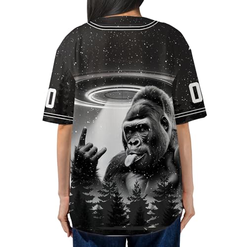BAS223 Personalized Funny Gorilla UFO Baseball Jersey, Alien Spaceship Abduction Custom Baseball Jersey, Black White Bigfoot miniatura 3