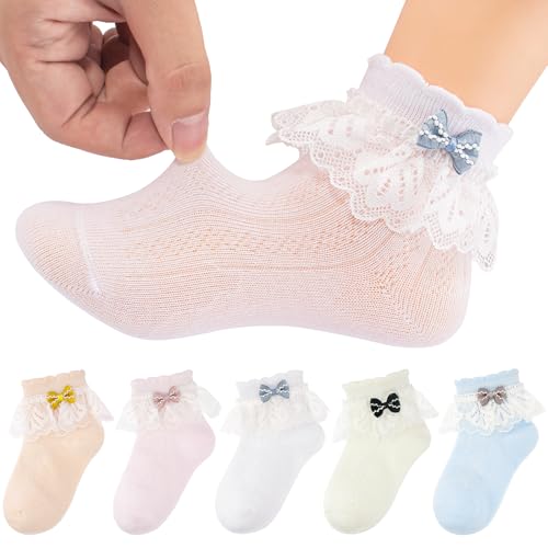 Meeshine 5 Pack Baby Girls Ruffle Lace Socks Toddler Frilly Cotton Cute Bow Knot Ankle Socks for Infant 0-3T2