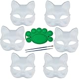 6 Pack Set DIY Full Face Handmade Mask Pure White Hard Paper Mask with Two Brushes and One Pigment Plate (Cat)