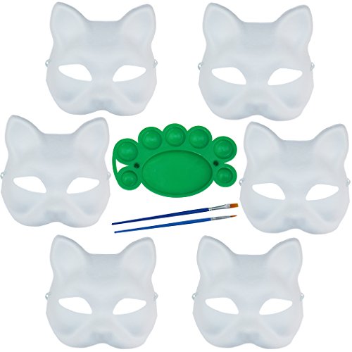 6 Pack Set DIY Full Face Handmade Mask Pure White Hard Paper Mask with Two Brushes and One Pigment Plate (Cat)