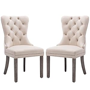 KCC Velvet Dining Chairs Set of 2 (Renewed), Upholstered High-end Tufted Dining Room Chair with Nailhead Back Ring Pull Trim Solid Wood Legs, Nikki Collection Modern Style for Kitchen, Beige