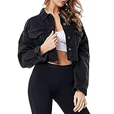 LONGYIDA Women's Jean Jacket Button Down Cropped Frayed Denim Jacket Long Sleeve Distressed Black Jean Coat for Women(Black,L)