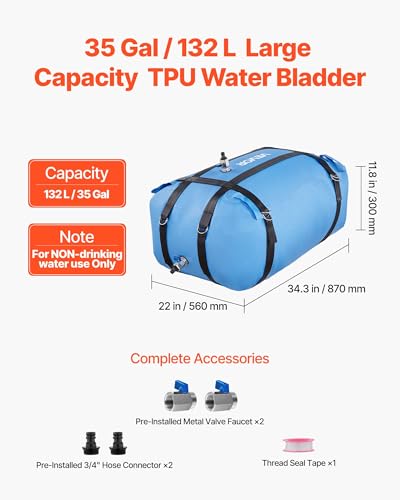 Image of VEVOR Water Storage Bladder, 35 Gallon Large Capacity TPU Soft Water Bag, Portable & Collapsible Water Storage Containers, Leakproof & Wear-Resistant RV Waters Tank for Camping Irrigation Outdoor Use