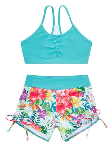 Image of Funnycokid Girls Swimsuit 3 Pieces Zip Rash Guard Bathing Suits Set Kids Bikini Boyshort Summer Swimwear 3-14 Years