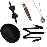 Alvivi Herren Zauberer Kostüm Rockabilly Magier Kostüm Cosplay Accessoires Set Gangster Hut+Hosenträger+Taschenuhr+Fliege+Zigarre A Schwarz Einheitsgröße
