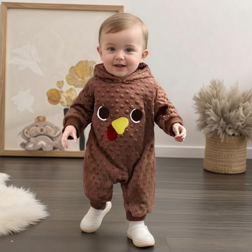 BemeyourBBs Newborn Baby Boy Girl Thanksgiving Outfit Turkey Hooded Romper Jumpsuit One Piece Outfit Infant Fall Clothes3