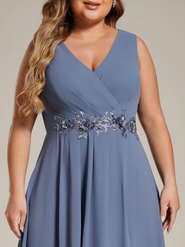 Image of Ever-Pretty Plus Women's V Neck Applique Chiffon Pleated Sleeveless Midi Plus Size Cocktail Party Dresses