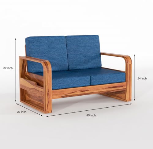 Image of Solid Sheesham Wooden 6 Seater Sofa Set for Living Room | Sofa Set with Side Pocket Storage & Cushion | Rosewood Sofa Set for Home (Honey with Blue Cushion, 6 Seater)