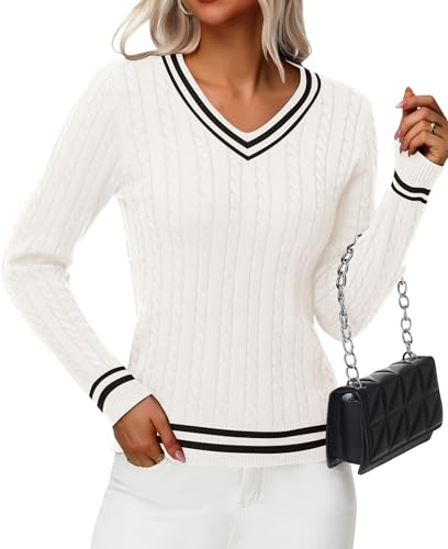 Cable Knit Sweater Women Soft V Neck Tops Long Sleeve Pullover Clothes Casual Trendy Outfits4
