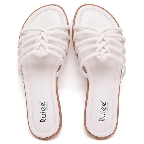Image of Ruiee Wide Width Sandals for Women, Summer Flat Slides Casual Braided Wide Feet Sandal Comfort Slip on Sandals Open Toe Beach Shoes for Women.