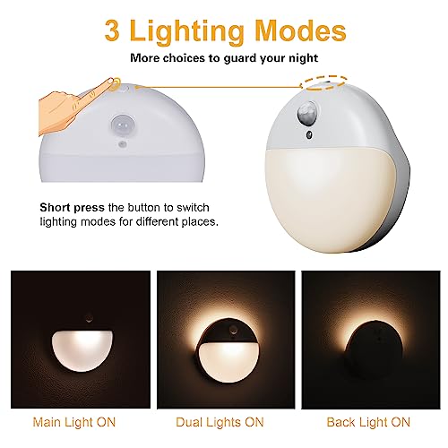 Yunlex 2 Pack Motion Sensor Night Light, 2 Light Sources, 3 Light Modes, Battery-Powered Closet Lights, Stick-Anywhere, Stepless Dimming Nightlight For Stairs, Bathroom, Bedroom, Hallway, Warm White #TOP2