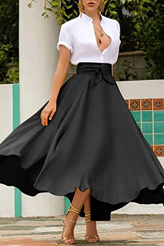 chouyatou Women's Elegant High Waisted Side Slit Irregular Bohemian Maxi Skirt with Pockets2