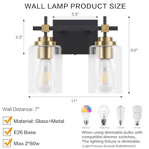 Image of SOLFART Modern Bathroom Vanity Light with Clear Glass Globes,2 Lights Bathroom Light Over Mirror Black and Gold Finish,Wall Mount Sconce for Over Mirror Vintage Lighting