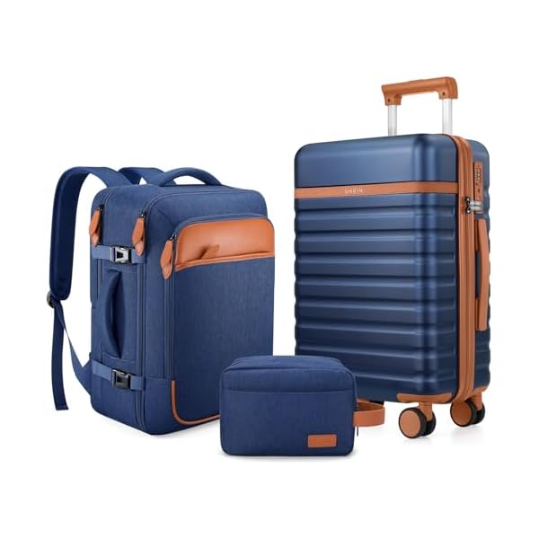 UKEIN Luggage Sets 3 Piece, Carry On Luggage 20In With Spinner Wheels,PC Hardside Suitcase Set with TSA Lock,Durable Carry On Suitcase With Travel Backpack for Men (Blue, 3 piece set (20inch))