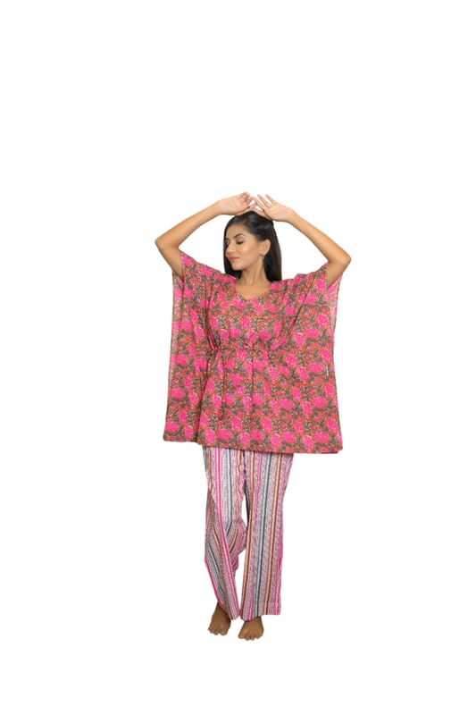 Cotton Printed Kaftan Set for Women | Co-ord Kurta Pant Set with Pocket | Adjustable Drawstring Waist Loungewear | Comfortable Summer Nightwear | Stylish Ethnic Homewear-image-8