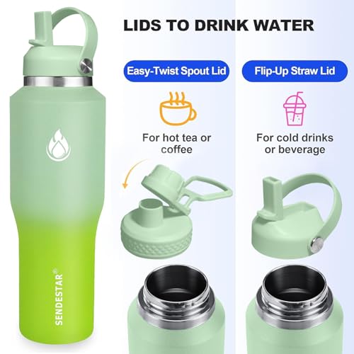 Image of SENDESTAR SENDESTAR 40oz Stainless Steel Water Bottle(Cold for 48 Hrs, Hot for 24 Hrs),Double Wall Vacuum Insulated Bottle with Straw Lid, Spout Lid and Flex Cap, Fit in Any Car Cup Holder