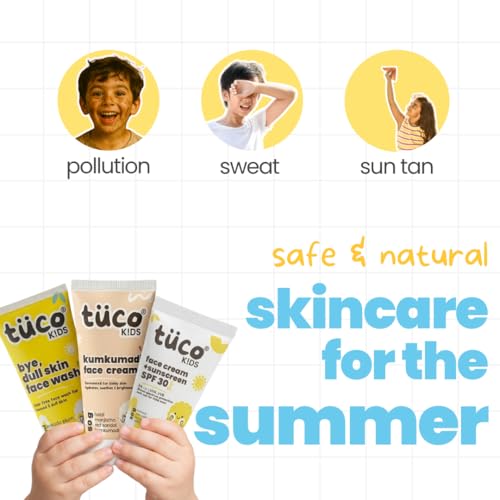 Image of Tuco Kids Dull Face Kit for Boys & Girls | 3-Step Facewash, Kumkumadi Face Cream & SPF 30 Sunscreen | Turmeric, Kakadu Plum, Saffron & Manjistha | De-Tan & UV Protection | Paraben Free | Ages 3-15